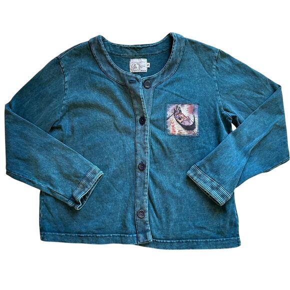 Michael Leu Sweaters - Michael Leu Washed Blue Button Front Cotton Cardigan W/ Painted Style Graphic Sm